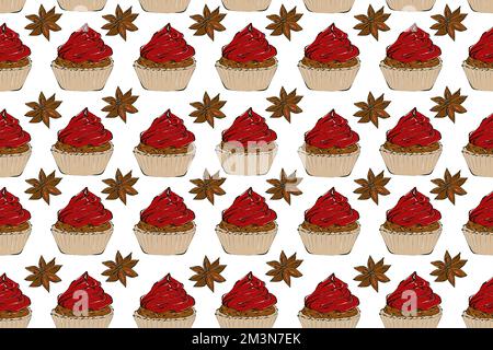 Motif Seamles avec tasses à café, épices et biscuits. Collection de Noël, illustration du dessin à la main. Banque D'Images