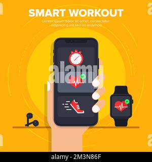 Concept d'illustration de vecteur d'entraînement intelligent. Synchronisation du smartphone avec une montre intelligente. Progression de l'entraînement sur smartphone Illustration de Vecteur