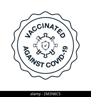 Badge de vaccination avec citation — vacciné contre Covid-19. Autocollant du vaccin contre le coronavirus contenant des bactéries covides et un bouclier avec une coche à l'intérieur Illustration de Vecteur