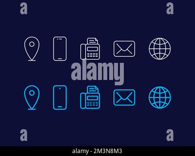 Informations de contact icônes simples en traits fins. Symboles de qualité et de la collection Web de signe, icônes de carte de visite. Éléments de contour vectoriels Illustration de Vecteur