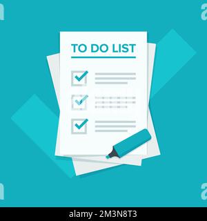 Concept d'icône de liste des tâches. Conception de l'affiche de planification. Toutes les tâches sont terminées. Feuilles de papier avec coche. Illustration vectorielle plate Illustration de Vecteur