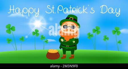 St. Carte de la fête de Patrick. Leprechaun en lunettes de soleil debout avec pot d'or. Illustration vectorielle. Illustration de Vecteur