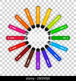 Roue de cigarettes électroniques jetables triées par la couleur de l'arc-en-ciel. Cigarettes électroniques de différentes saveurs sur fond transparent. Vecteur Illustration de Vecteur