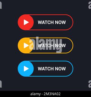 Regardez maintenant les boutons vectoriels en ligne plate. Icône de lecture vidéo définie dans différentes couleurs isolées sur fond noir. Collection de boutons vectoriels Illustration de Vecteur