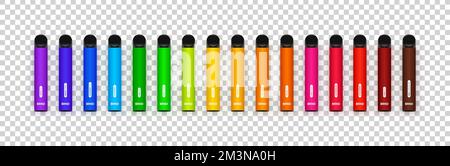 Cigarettes électroniques jetables placées par la couleur de l'arc-en-ciel. E-cigarettes de différentes saveurs sur fond transparent. Vecteur Illustration de Vecteur