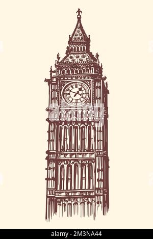 La tour Big Ben est le symbole de Londres, d'Angleterre et de Grande-Bretagne. Esquisser l'illustration vectorielle dans un style de gravure vintage Illustration de Vecteur