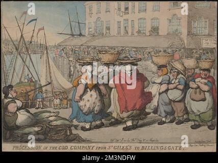 Procession de la Cod Company de St. Giles à Billingsgate , rivières, navires, pédalos, pêcheurs. Thomas Rowlandson (1756-1827). Impressions et mises en plan Banque D'Images