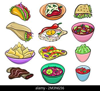 Vector Grande série de plats mexicains dans un style de dessin animé plat. Icônes de Chili, nachos, tartilla, tacos. Illustration de Vecteur