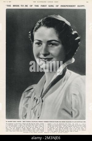 Miss Farida Zulficar(1921-1988), lorsqu'elle est engagée pour épouser le roi Faruk d'Égypte. Avant son mariage, Farida était connue par son nom persan de Sasi Naz, signifiant 'Pure Rose', mais ceci a été changé en Farida, signifiant 'unique', conformément à la tradition que la reine d'Égypte doit porter un nom purement égyptien. Date : octobre 1937 Banque D'Images