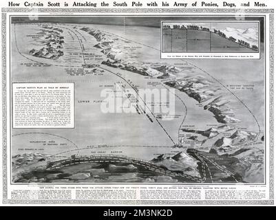 Une double page s'étendait de la sphère, montrant une carte de l'Antarctique avec la route du capitaine Scott et de son équipe de poneys, chiens et hommes dans leur tentative d'être le premier à atteindre le pôle Sud. En bas à droite dans le détroit de McMurdo peut être vu le navire de Scott, le Terra Nova et la hutte établie à proximité. Le plan du capitaine Scott, comme il l'a dit lui-même, est imprimé sur le côté gauche de la carte. Date: 1911 Banque D'Images