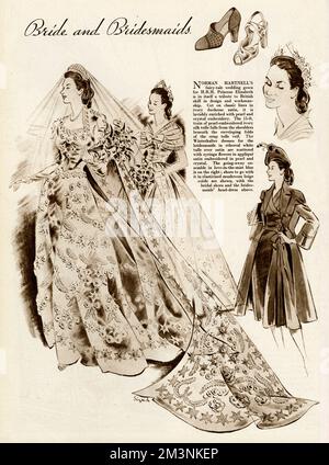 Mariage royal 1947 - robes de mariée et demoiselle d'honneur Banque D'Images