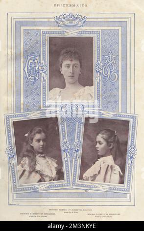 La princesse Victoria du Schleswig-Holstein (en haut), la princesse Margaret du Connaught (en bas à gauche) et la princesse Patricia du Connaught (en bas à droite), trois des six demoiselles de la princesse Maud du pays de Galles, la plus jeune fille d'Edward VII et de la reine Alexandra, et le prince Charles (ou Carl) du Danemark, plus tard le roi Haakon VII, roi de Norvège. Le mariage a eu lieu le 22 juillet dans la chapelle privée de Buckingham Palace, Londres. (2 sur 2) Date : juillet 1896 Banque D'Images