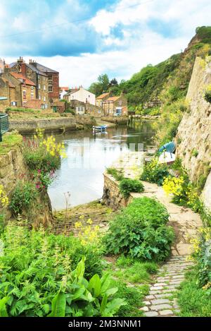 En regardant vers l'ouest en haut de Staithes Beck (rivière) dans le pittoresque village de pêcheurs ancien de la station balnéaire de Staithes. North Yorkshire ; Angleterre ; Royaume-Uni Banque D'Images