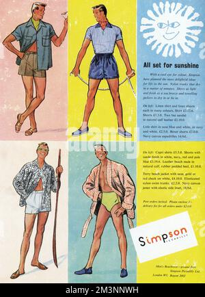 Publicité pour les vêtements de plage pour hommes de Simpson de Piccadilly, montrant quatre hommes portant des tenues allant du ridicule faintilement au camp outrageusement. Date: 1953 Banque D'Images