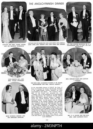 Le dîner annuel de la société anglo-finlandaise qui s'est tenu à Grosvenor House à Londres. Le général Sir George Macdonnogh, président de la Société, a proposé un toast à la Finlande, auquel a répondu le baron Mannerheim, le célèbre chef militaire finlandais. Étaient également présents M G A Gripenberg, ministre finlandais; Sir Rowland Sperling, ancien ministre britannique en Finlande; et Mlle Patricia Bowers, fille de l'ambassadeur des États-Unis en Espagne. Date: 1936 Banque D'Images