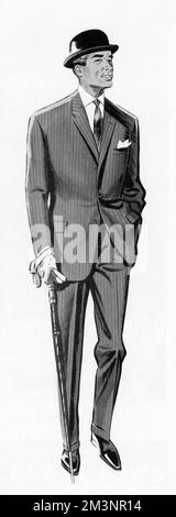 Un élégant gent dans un costume Heptons ajusté, portant une canne et portant un chapeau de melon. Date: 1962 Banque D'Images