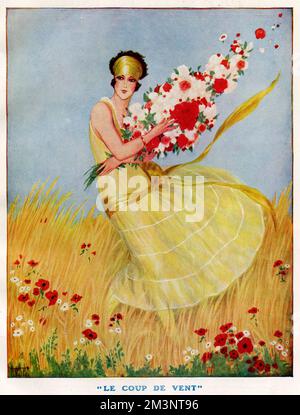 'Le coup de vent' ('le Gale') femmes vêtues de robe jaune clair essayant de tenir un grand bouquet de fleurs qui sont soufflées par le vent. Elle est entourée par le jaune du maïs, les pâquerettes blanches et les coquelicots rouges, tous assortis à la couleur de ses vêtements et son bouquet de fleurs d'été. Date: 1923 Banque D'Images