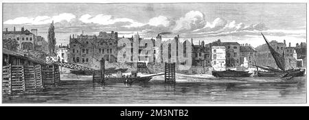 Vue sur la Tamise jusqu'au bord de la rivière du vieux Chelsea où un nouveau remblai était en construction à la fin du 19th siècle. Cette vue, avant le début des travaux de construction, montre la partie de la rive et de la ville de Battersea Bridge Pier à Danvers Street. Date: 1872 Banque D'Images