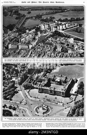 Deux vues aériennes sur les résidences de l'État de la Reine. Château de Windsor : le quartier inférieur, contenant St. La chapelle George et les cloîtres, le quartier du milieu, occupé par la tour ronde ou le donjon, et le quartier supérieur, entouré par les appartements royaux, sont illustrés en haut, avec la face est du palais de Buckingham dans la photo inférieure. Date: 1953 Banque D'Images