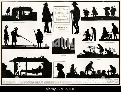 « Personnel, soubs, entrées & amp; surprises silhoueted » silhouettes de la vie dans les tranchées. Les images ont été coupées directement avec des ciseaux de papier. 1916 Banque D'Images