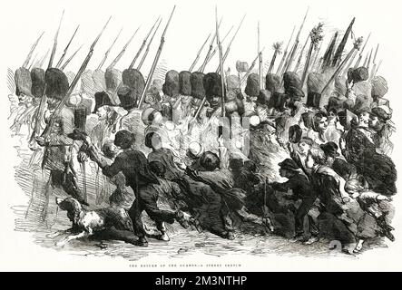 Retour des gardes Grenadiers de la guerre de Crimée, une esquisse de rue à Londres, les gardes étant accueillis avec enthousiasme par des civils, en particulier par des enfants qui couruent aux côtés des soldats en marche. Date: 1856 Banque D'Images