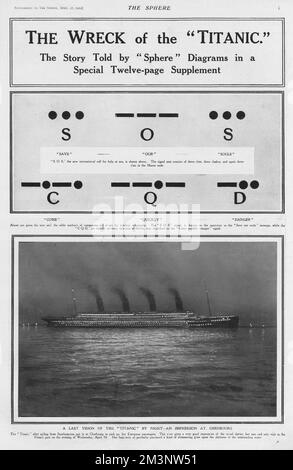 Page de la sphère qui a rapporté en détail le naufrage du Titanic. La partie supérieure de la page affiche le message de télégraphe sans fil avec les signaux SOS et CQD. L'image du bas montre la dernière vision du paquebot White Star illuminé le soir du 10 avril à Cherbourg, en France. Date: 1912 Banque D'Images