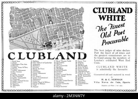 Publicité pour Clubrand White, le « plus beau vieux port procurable... à trouver parmi les membres des célèbres clubs West End de Londres ». La publicité inclut une carte intéressante et la clé de 70 des clubs situés dans le centre de Londres, beaucoup d'entre eux encore en existence aujourd'hui. Date: 1927 Banque D'Images