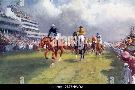 Le dernier moment crucial du Derby d'Epsom alors que les jockeys pressent leurs chevaux vers la ligne d'arrivée. Date: 1927 Banque D'Images