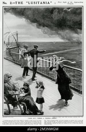 Lusitania - première vue de la Torpedo 1915 qui approche Banque D'Images