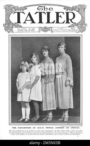 Les filles de HRH le prince Andrew de Grèce, photographié en 1922, quand elles étaient mariées au mariage de Lord Louis Mountbatten et de Mlle Edwina Ashley. De gauche à droite : la princesse Sophia (1914-2001), la princesse Cicely (1911-1937), la princesse Théodora (1906-1969) et la princesse Margaret (1905-1981). Date: 1922 Banque D'Images