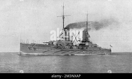 Lancé en 1912, le SMS Prinzregent Luitpold était un cuirassé de la Marine impériale allemande de la classe Kaiser. Il a participé à la bataille de Jutland, 1916, et a été l'un des navires allemands sabordé à Scapaa Flow en juin 1919 Date: 1914 Banque D'Images