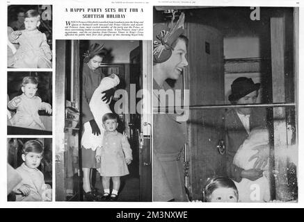 La princesse Elizabeth part de Londres avec le prince Charles, deux ans, et la princesse Anne, un mois, en route pour rejoindre le roi et la reine à Balmoral, en Écosse. Date: 1950 Banque D'Images