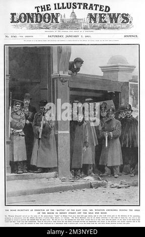 Winston Churchill dans Sidney Street, East London, 1911 Banque D'Images