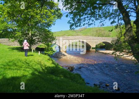 En regardant vers l'est le long de la rivière Swale qui coule doucement, à Swaledale. Prise du pont Low LN près du village de Reeth, à partir de B6270. Près de Richmond, Yorkshire Dales Banque D'Images