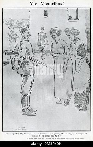 Dessin animé, soldat allemand avec deux femmes, WW1 Banque D'Images