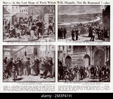 Quatre scènes du siège de Paris pendant la guerre franco-prussienne. En haut à gauche : Parisiens sur l'un des Boulevards. En bas à gauche : un boucherie vend de la viande de chien et de chat. En haut à droite : vue depuis la terrasse de St Germain. En bas à droite : les gens se promenant sur les Boulevards avant la capitulation. Reproduit dans les premiers jours de la première Guerre mondiale, dans l'espoir que ces scènes ne seront pas répétées à mesure que l'armée allemande envahit à nouveau la France. Date: 1871 Banque D'Images
