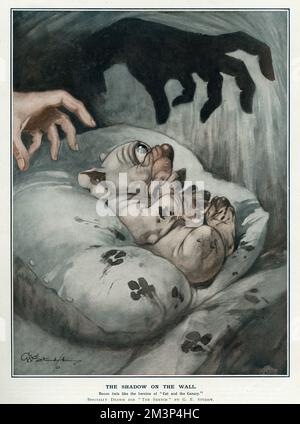 L'ombre sur le mur -- Bonzo se sent comme l'héroïne de "le chat et le canari" -- allongé sur un oreiller boueux à imprimé paw, il voit l'ombre d'une main vengeante au-dessus de sa tête. George Ernest Studdy (1878-1948), est le créateur de 'Bonzo', un petit chien aux yeux soucoupes et à l'élevage indiscriminé qui est apparu pour la première fois dans le Sketch en 1922. La folie « Bonzo » a balayé le monde, avec des cartes postales, des annuals, des jouets et d'autres marchandises. Le crédit devrait se lire comme suit : succession de George Studdy/Gresham Marketing Ltd./ITN/Mary Evans 1923 Banque D'Images