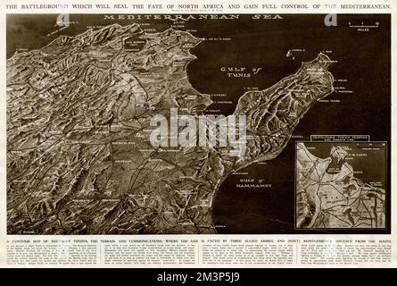 Le champ de bataille qui devait sceller le destin de l'Afrique du Nord et prendre le contrôle total de la Méditerranée pendant la Seconde Guerre mondiale. Une carte des contours du nord de la Tunisie, du terrain et des communications, où les forces de l'axe ennemi ont été confrontées à trois armées alliées. L'encart est une carte montrant l'avance de Montgomery du sud. Date: 1943 Banque D'Images