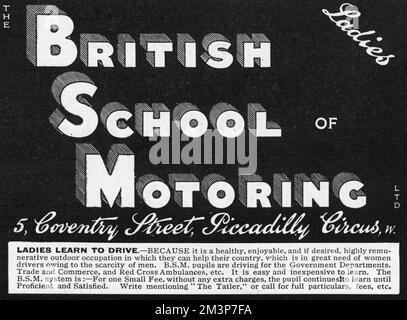 Publicité British School of Motoring, WW1 Banque D'Images