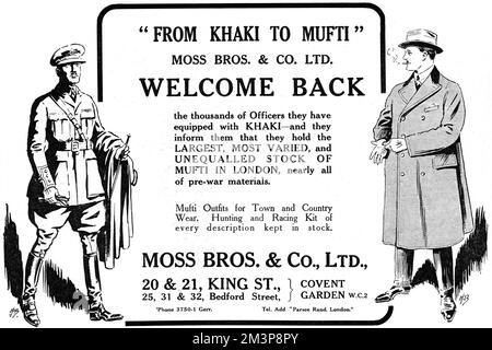 Du kaki au mufti, publicité de Moss Bros, 1918 Banque D'Images