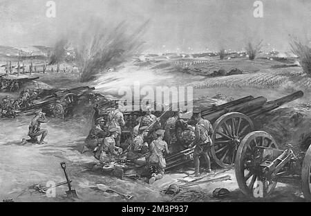 Artilleurs britanniques au travail, Royal Garrison Artillery, 1914 Banque D'Images