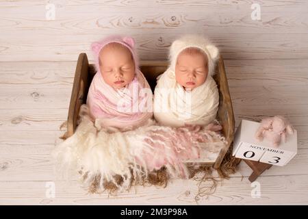 Petite fille jumelle de nouveau-né dans un cocon rose et blanc dans un joli berceau en bois. Banque D'Images