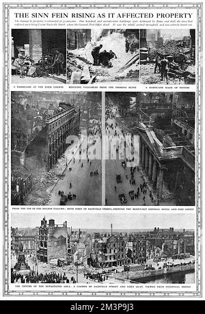 Les effets dévastateurs de la rébellion de Pâques en Irlande en 1916. La photo principale montre l'hôtel impérial incendié et le bureau de poste de Sackville Street à Dublin. Selon le graphique, les dommages à la propriété ont été estimés à £2 000 000 et 179 bâtiments ont été détruits par la flamme et la coquille. Le quartier qui a le plus souffert était Lower Sackville Street, bastion central des rebelles et entièrement incendié. Date: 1916 Banque D'Images