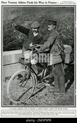 Comment Tommy Atkins trouve son chemin en France. Un soldat britannique avec une bicyclette, perdu dans le pays de la France, reçoit des instructions d'un paysan français en novembre 1914, au cours de la première Guerre mondiale. Banque D'Images