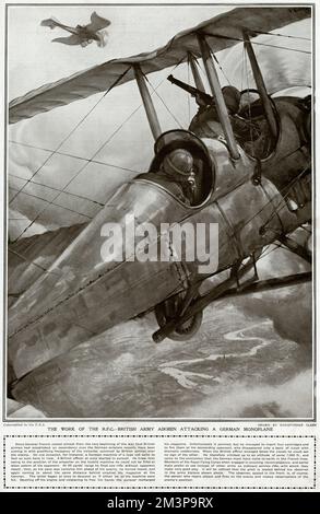 Des aviateurs de l'armée britannique du Royal Flying corps attaquent un monoplan allemand en 1914. Le pilote est assis derrière l'observateur dans le biplan britannique; l'observateur repousse les attaques et les feux sur l'ennemi, généralement avec un fusil de service ordinaire, et fait des observations sur la position de l'ennemi. Date: 1914 Banque D'Images