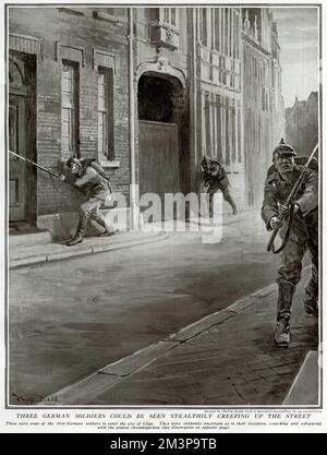 Soldats allemands entrant à Liège, Belgique, 1914 Banque D'Images