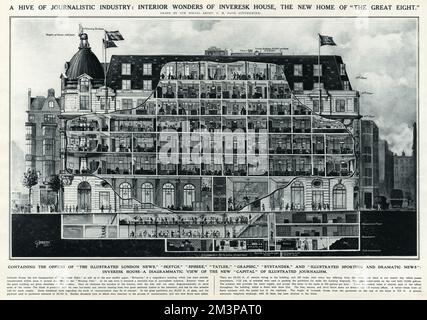 Merveilles intérieures de la maison Inveresk dans le Strand, Londres, la nouvelle maison du Grand huit, contenant les bureaux de l'illustré London News, esquisse, sphère, Tatler, graphique, Passant, et illustré Sporting et Dramatic News. Vue schématique de l'édifice par G.H. Davis. Date: 1928 Banque D'Images