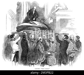 Sculpter une baron de boeuf au Guildhall le jour du Maire, le 1847 novembre. Les deux barons de bœuf ont été élevés sur des tourteaux drapés dans des cramoisi, ce qui a fait une touche frappante au banquet. 1847 Banque D'Images