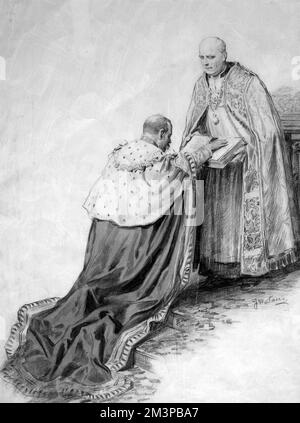 Roi George V agenouillé au couronnement Banque D'Images