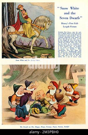 Page du spectateur montrant deux scènes de l'animation pleine longueur de Disney, Snow White et les sept Dwarfs au moment où il a été sorti en Grande-Bretagne. Il a été présenté en première au New Gallery Cinema sur Regent Street le 24 février 1938 et y a couru pendant vingt semaines. Date: 1938 Banque D'Images